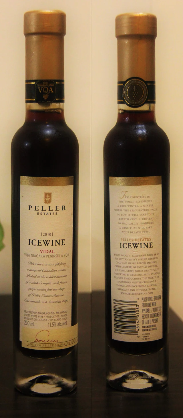 A bottle of Canadian Peller Estates Vidal ice wine.
