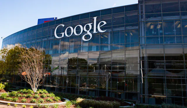 Exterior sign bearing the multicolored Google logo at the company's corporate headquarters campus