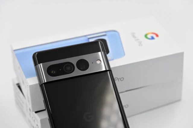 Rear view of a dark Google Pixel smartphone.