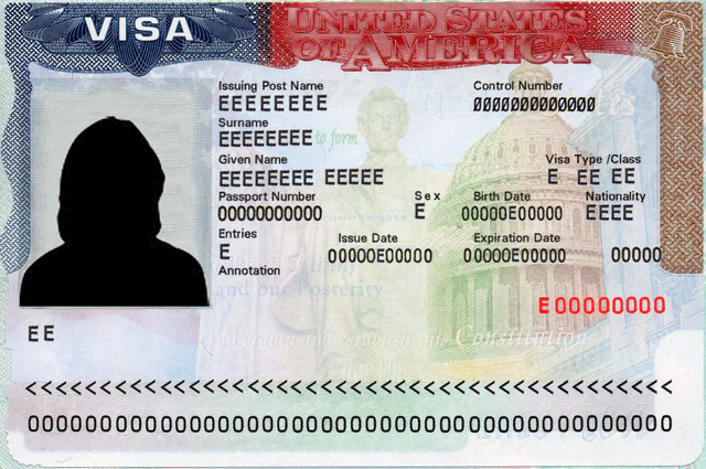 An anonymized United States visa specimen with identifying details removed.