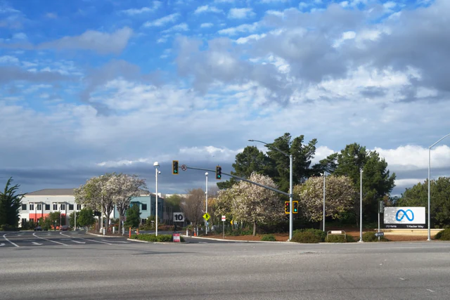 Entrance to the Meta Platforms headquarters complex in Menlo Park, California