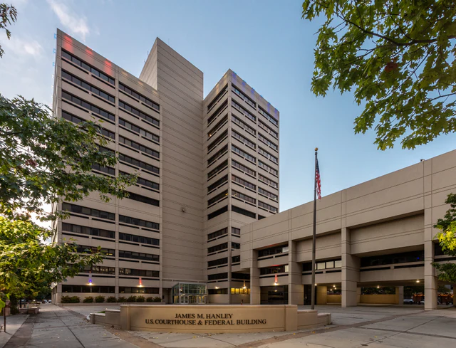 Exterior of the James M. Hanley Courthouse and Federal Building in downtown Syracuse, New York.