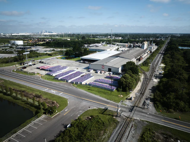 Aerial photograph of a large manufacturing plant and warehouses in Tampa, Florida.