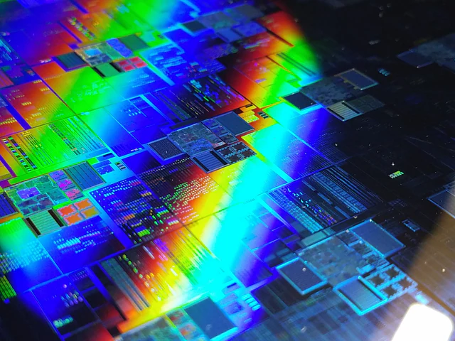 Close-up of the patterned surface of a 12-inch silicon wafer reflecting rainbow colors.