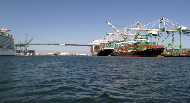 Container ships and cargo cranes at the Port of Los Angeles, with the Vincent Thomas Bridge in the background.