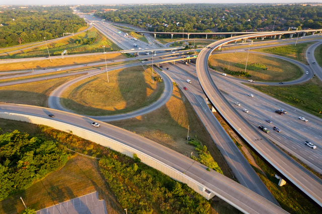 Aerial view of the U.S. 69 and Interstate 435 highway interchange in Overland Park, Kansas
