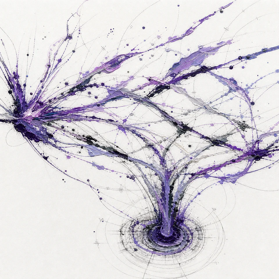 Painted investigative paths branch, compare, and return to a disciplined center.