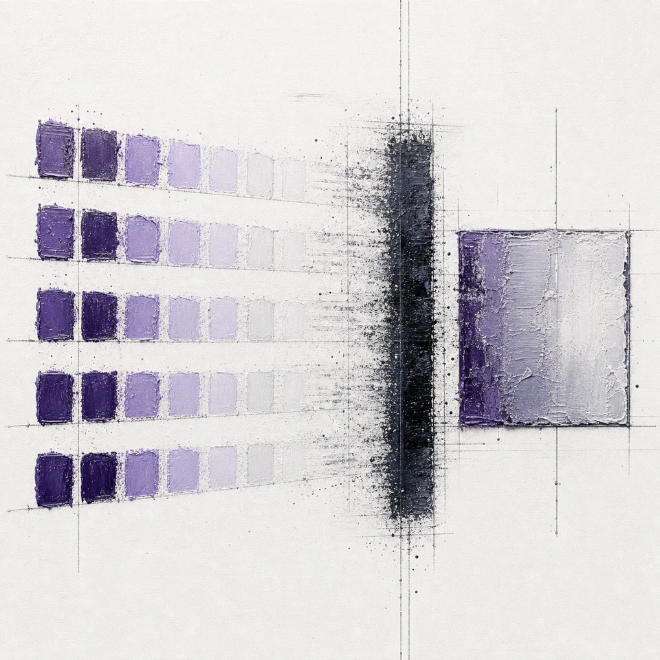 Repeated painted records pass through a dark verification band into a preserved plate.