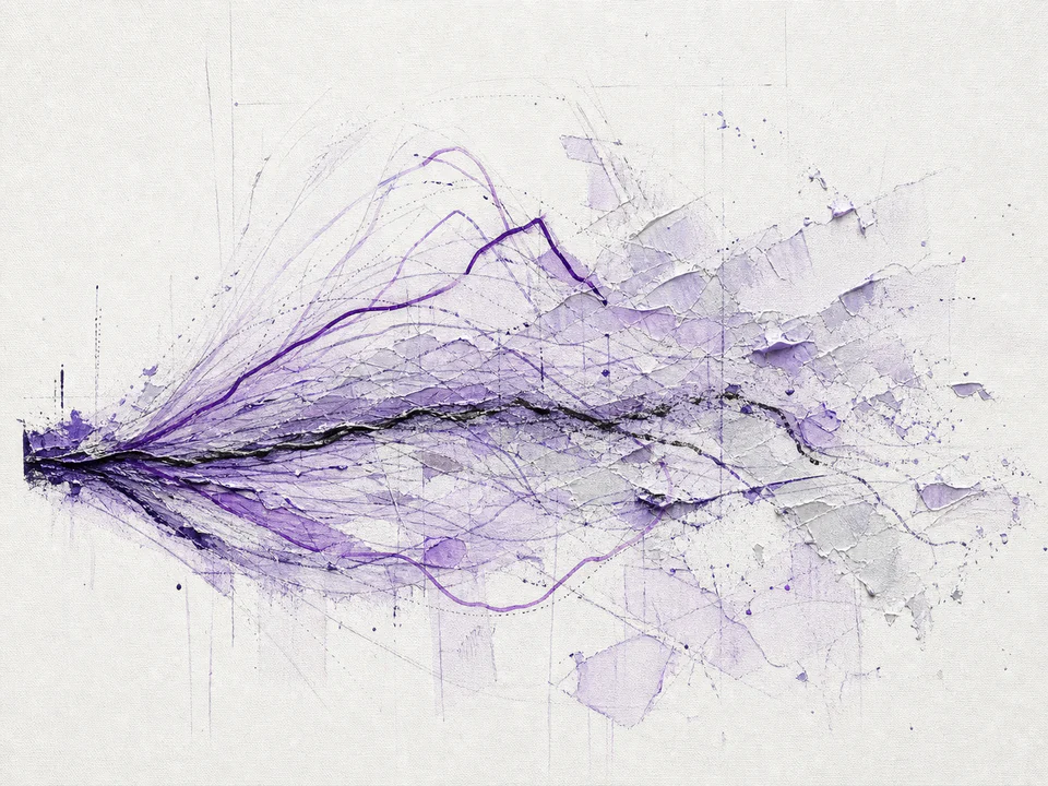 Many painted model paths diverge from one observed trace, with fragile paths fading at the edges.