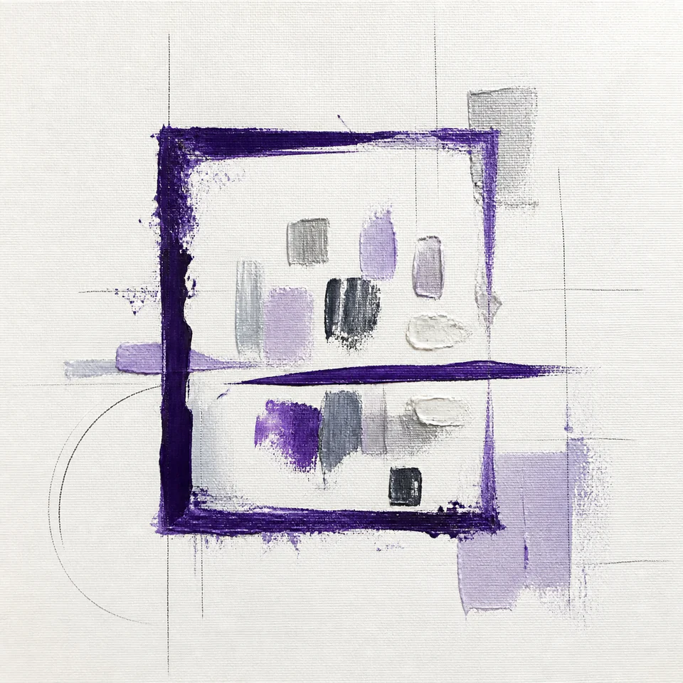 A painted violet boundary holds competing marks inside a deliberate field.