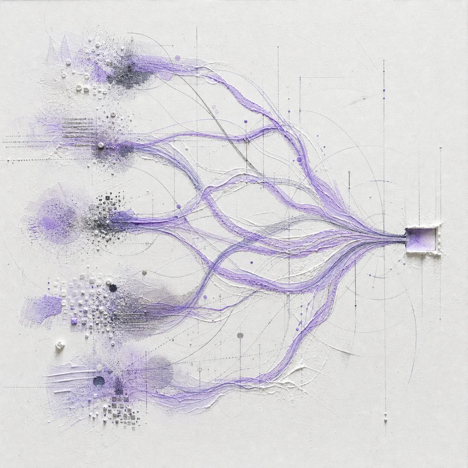 Painted source fields branch into competing investigative paths before converging at a review aperture.