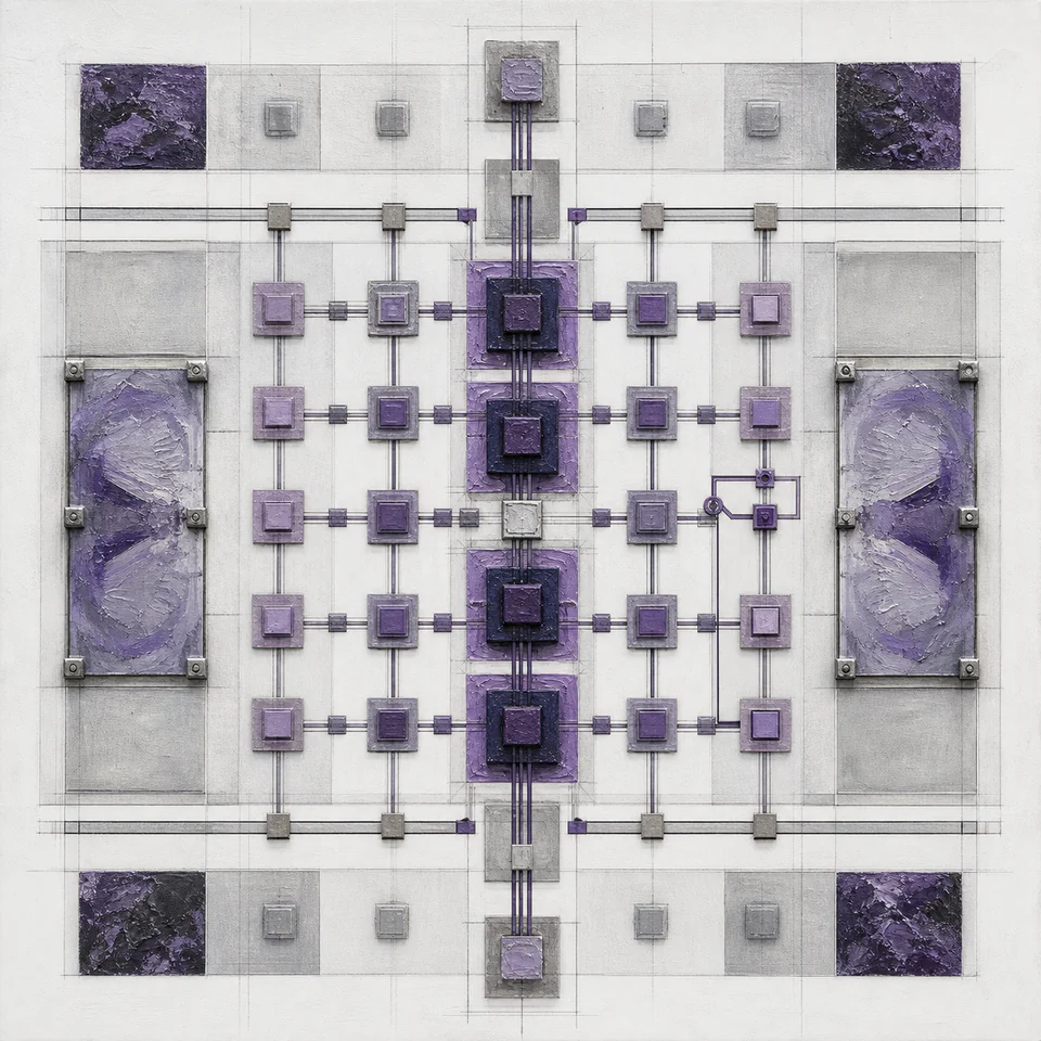 A calibrated painted grid connects repeatable modules to two preserved output plates.